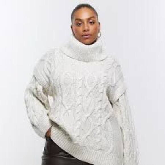 River Island Off-White Cable Knit Turtleneck Sweater - Picture 1 of 10